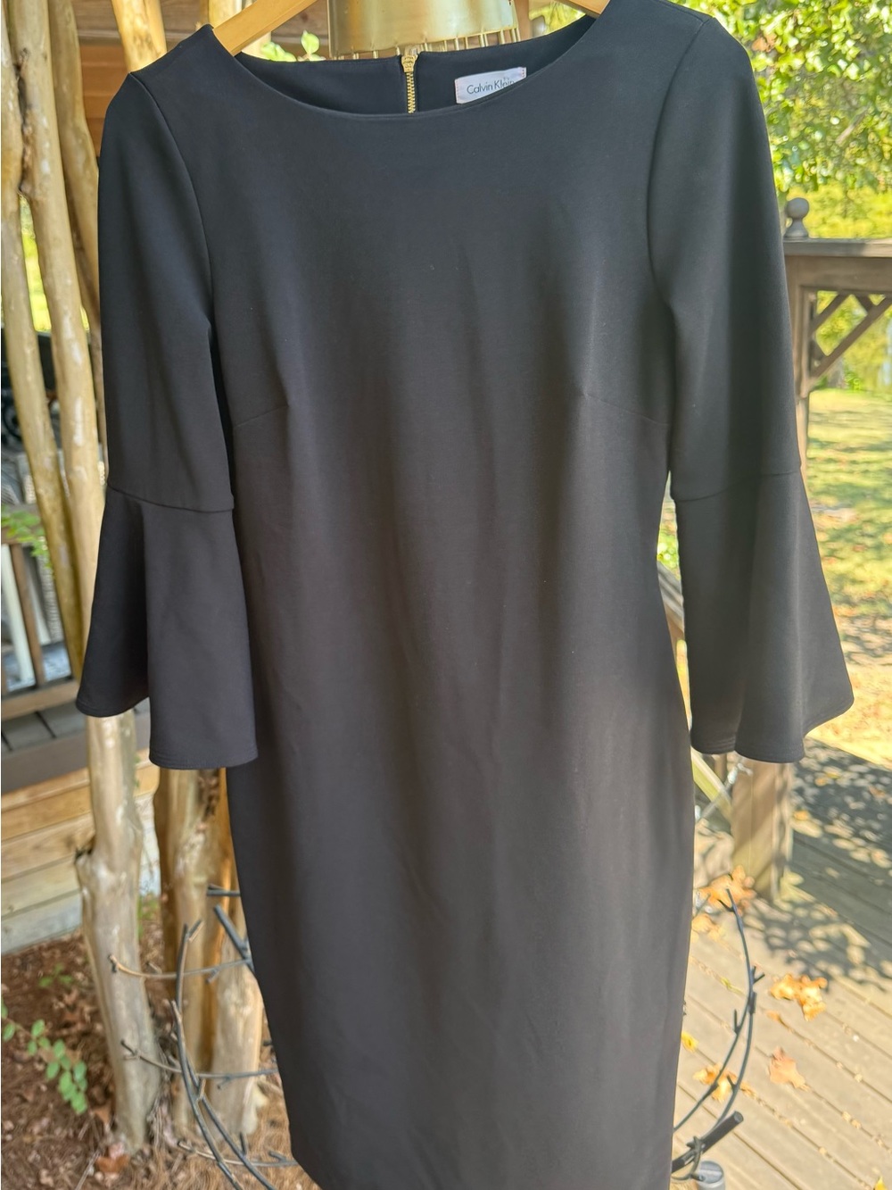 Calvin Klein Black Bell Sleeve Sheath Dress Size 8 Gold Zip
